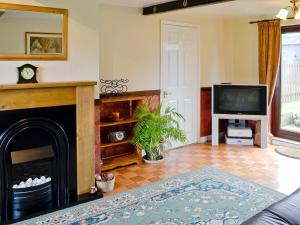sala de estar con chimenea y TV en White Cottage en Hemingby