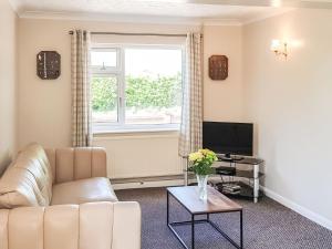 a living room with a couch and a tv at Mill View in Beeston Saint Lawrence