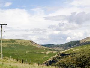 a grassy hill with a telephone pole in a field at Bwthyn Y Bugail in Felindre