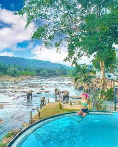 uma mulher sentada numa piscina ao lado de um rio com elefantes em Hotel Elephant Bay em Pinnawala