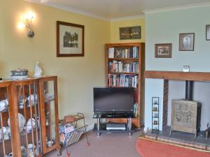 a living room with a television and a fireplace at Mount Lea in Hinderwell