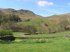 a field with flowers and a stone wall and mountains at 3 Townhead Cottages in Grasmere