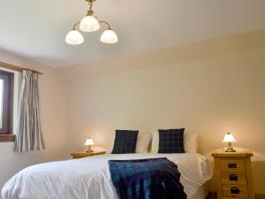 a bedroom with a bed with blue pillows and two lamps at Pinewood in Gairlochy