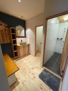 a bathroom with a shower and a sink at Yubaba House Downtown Apartments in Nozawa Onsen