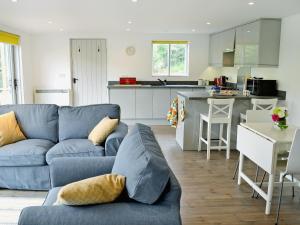 a living room with a blue couch and a kitchen at The Shed With A View in Cadbury