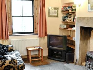 a living room with a tv and a fireplace at Langcliffe Lock Cottage in Stainforth