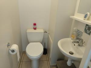 La petite salle de bains est pourvue de toilettes et d'un lavabo. dans l'établissement Appartement forever, à Les Sables-dʼOlonne