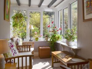 a living room with windows with plants on them at Toms Cottage in Dalton in Furness
