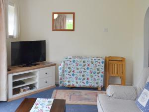 Appletree Apartment في Stokeinteignhead: غرفة معيشة مع تلفزيون بشاشة مسطحة وكرسي