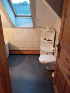 a bathroom with a toilet and a window at GRÜNZEIT Ferienwohnung, die Natur vor der Haustüre in Cottbus +10 photos