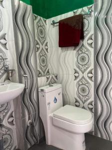 a bathroom with a toilet and a sink at Tiger Corner Inn Homestay in Sauraha