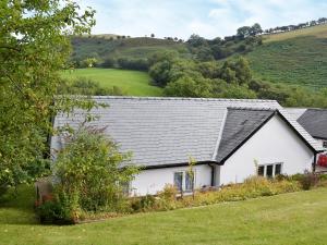 a white house with a black roof in a field at Wrens Nest in Llanfair Caereinion