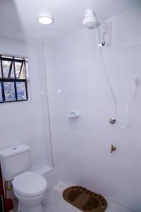 a white bathroom with a toilet and a shower at Hope Homestay in Syokimau