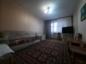 a living room with a couch and a television at Однокомнатная Встреча in Astana