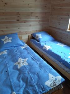 a bedroom with two beds in a cabin at Apartamenty i domki letniskowe Galapagos in Okuninka