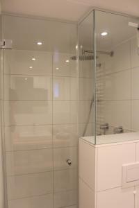y baño con ducha de cristal y lavabo. en Ferienhaus Grohs en Hahnenklee-Bockswiese