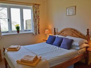 PeasmarshにあるRussett Cottage-19745のベッドルーム(青い枕の大型ベッド1台付)