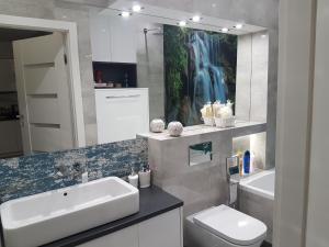 bagno con lavandino, servizi igienici e quadro di Ekskluzywny Apartament Krynica - Zdrój a Krynica-Zdrój