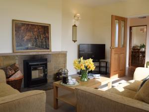 a living room with a fireplace and a tv at Roundhill in Eydon