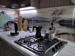 a stove top with pots and pans on top of it at Уютный ночлег Иссыкские курганы in Rakhat