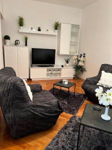 uma sala de estar com um sofá e uma televisão em Apartmani Marjana em Supetar