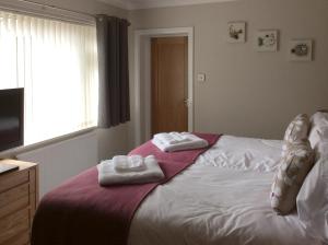 a bedroom with two towels on top of a bed at Green View in Churston Ferrers