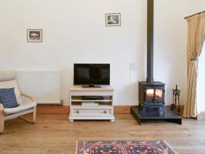 een woonkamer met een tv en een houtkachel bij The Hay Barn- 26724 in North Willingham