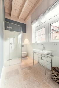 bagno con doccia, lavandino e servizi igienici di Thuers im Busch - Upkammer a Münster
