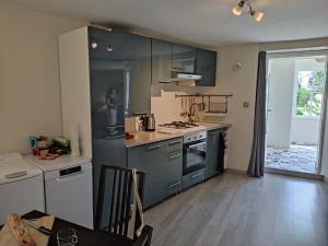 cocina con armarios grises y horno con fogones en La Maison du Verger avec Jardin, en Carnac