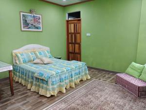 sypialnia z łóżkiem w zielonym pokoju w obiekcie Jazepuri - Jaze 1 w mieście Kuching