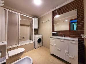 uma casa de banho com um lavatório e uma máquina de lavar roupa em Acogedor apartamento en Silgar em Sanxenxo