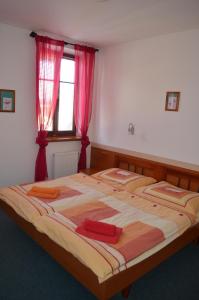 a bedroom with two beds and a window with red curtains at Hotel u Kapra in Lázně Bělohrad