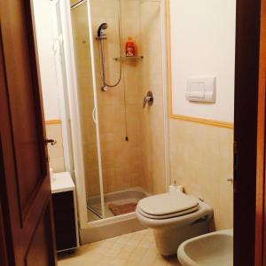 uma casa de banho com um chuveiro, um WC e um lavatório. em Ampio monolocale em Brescia