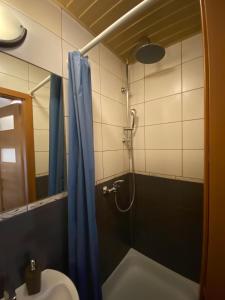 y baño con ducha y cortina azul. en Pokoje Pracownicze Gniezno en Gniezno