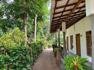 a path outside of a house with trees and plants at Midigama Inn in Ahangama
