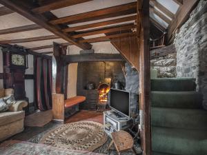 a living room with a tv and a fireplace at Pen Copi in Trefeglwys