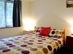 a bedroom with a large bed with a large window at Greenmeadow Bungalow in Llanon