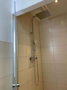 La salle de bains est pourvue d'une douche avec un pommeau de douche. dans l'établissement Tolle Ferienwohnung im Herzen von Thüringen, à Eisenach