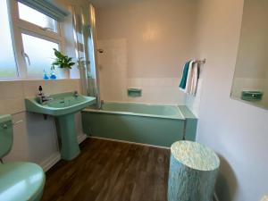 een badkamer met een groene wastafel en een bad bij Nantucket House in Misterton