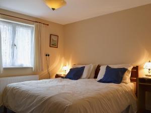 sypialnia z dużym białym łóżkiem z niebieskimi poduszkami w obiekcie Swallow Cottage w mieście Llanfair Caereinion