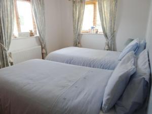 two beds in a room with two windows at Brook Lodge Country Cottage in Wroot