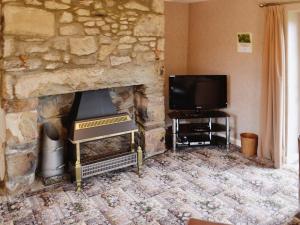 sala de estar con chimenea de piedra y TV en Bodwi Bach, en Llanengan