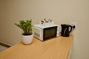 un microondas sobre una mesa con una planta en Bush 2 Beach Inn en Summerstrand