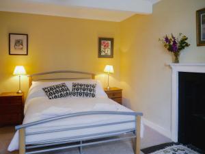 a bedroom with a bed and a fireplace at Little Boreland in Gatehouse of Fleet