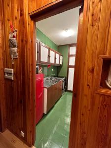 a kitchen with green walls and a red refrigerator at Appartamento incantevole e confortevole con Camino in Terminillo