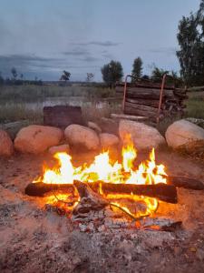 un fuego en la tierra con rocas y un banco en Doppelbettzimmer auf Bauernhof in Naturalleinlage en Königsberg