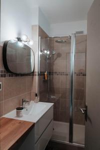 uma casa de banho com um chuveiro e um lavatório branco em Le petit rempart - Appt lumineux 2pers au coeur de Blois em Blois