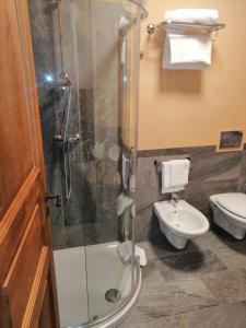 a bathroom with a shower and a toilet and a sink at Appartamento Montagnards in Morgex