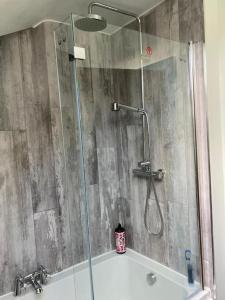 a bathroom with a shower and a bathtub with a glass door at Cosy 2 Bedroom Coach House in Belfast +3 photos