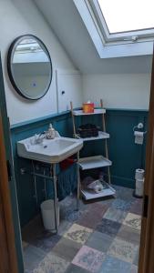 uma casa de banho com um lavatório e um espelho em Cosy 2 Bedroom Coach House em Belfast